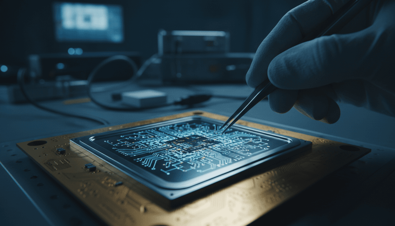 A technician's gloved hand inspecting a quantum chip under focused laboratory lighting