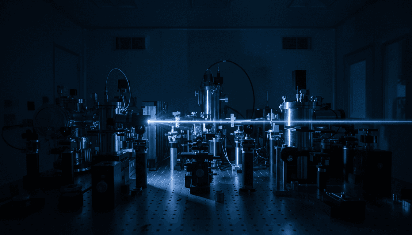 Quantum optical table with laser beams and vacuum chambers in a dimly lit laboratory