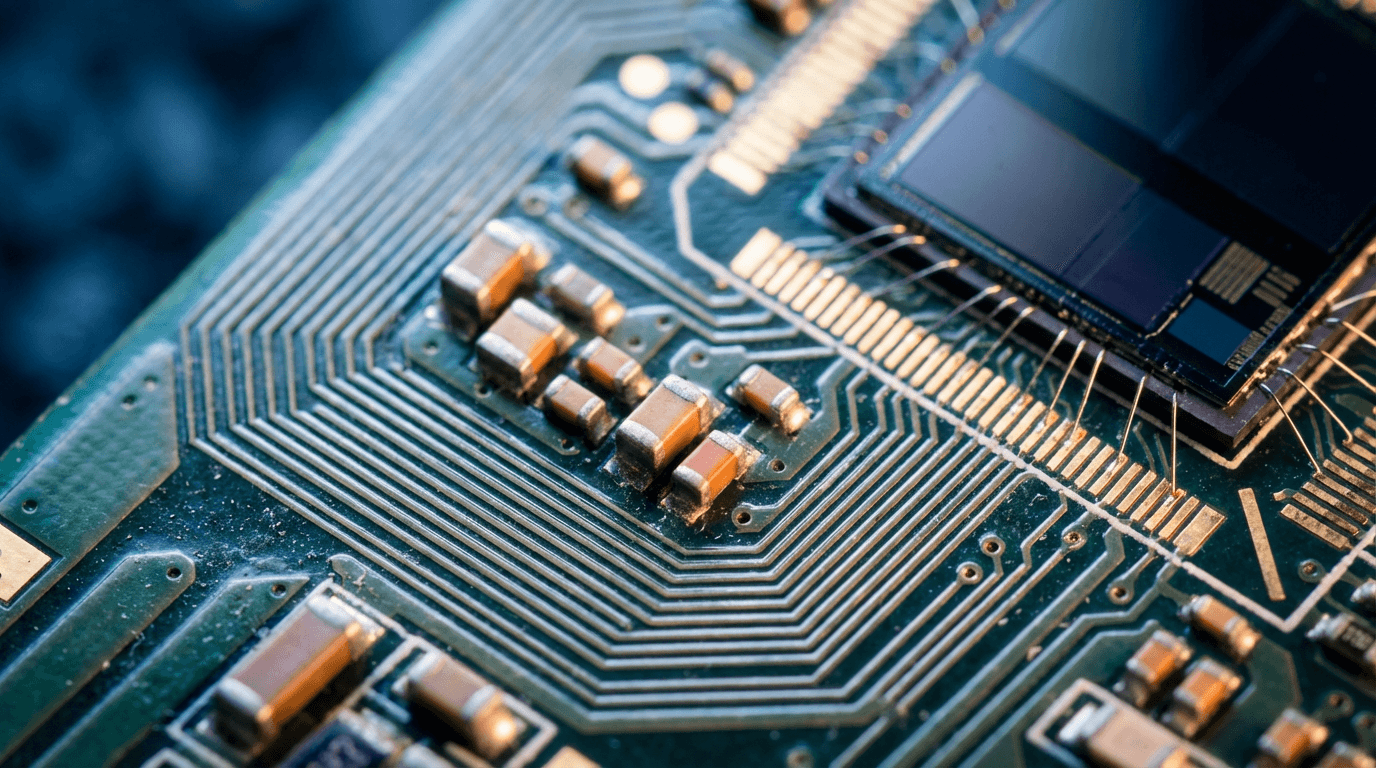 Close-up of quantum chip on circuit board with wire bonds